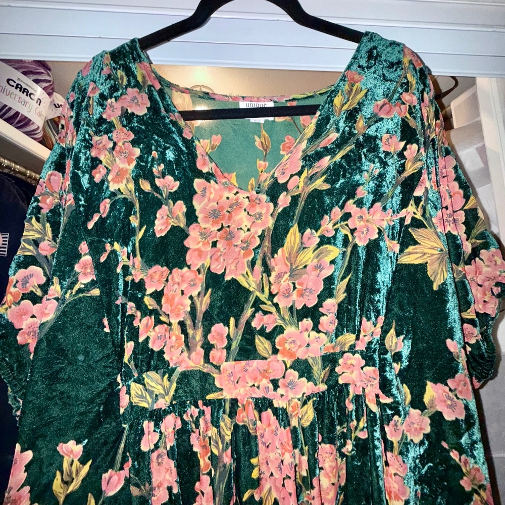 Unique Vintage Green Velvet Maxi Dress with Pink Floral Print